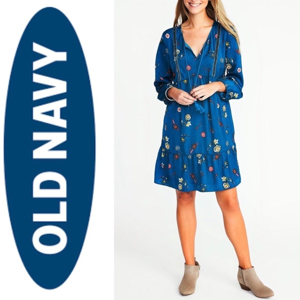 Old Navy Velvet Trim Teal Floral Print Dress Medium Tiered Mini Tassel Tie Twee